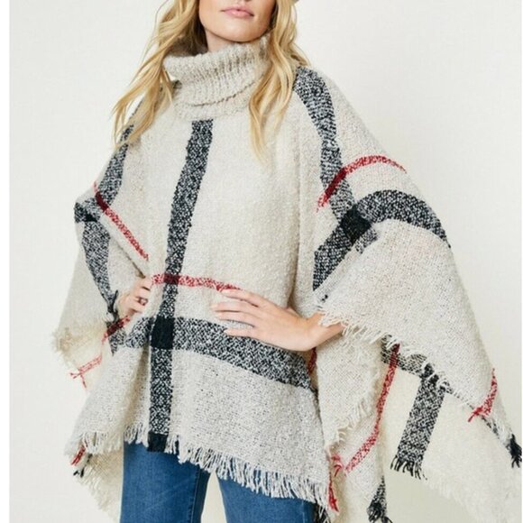 Ivory & black plaid turtleneck poncho NEW - Picture 3 of 5